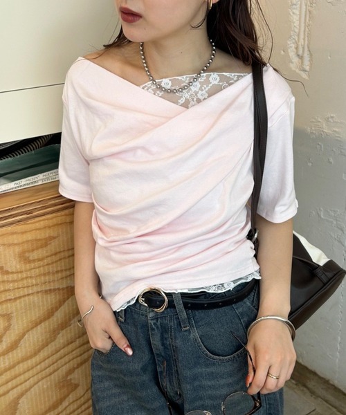 tシャツ 「5色展開」レースドッキングオフショル半袖Tシャツ レディースの画像