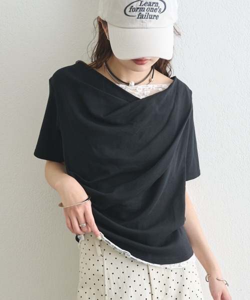 tシャツ 「5色展開」レースドッキングオフショル半袖Tシャツ レディースの画像