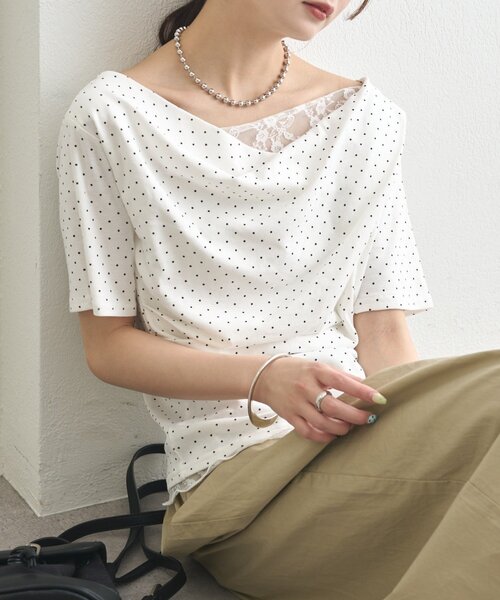 tシャツ 「5色展開」レースドッキングオフショル半袖Tシャツ レディースの画像