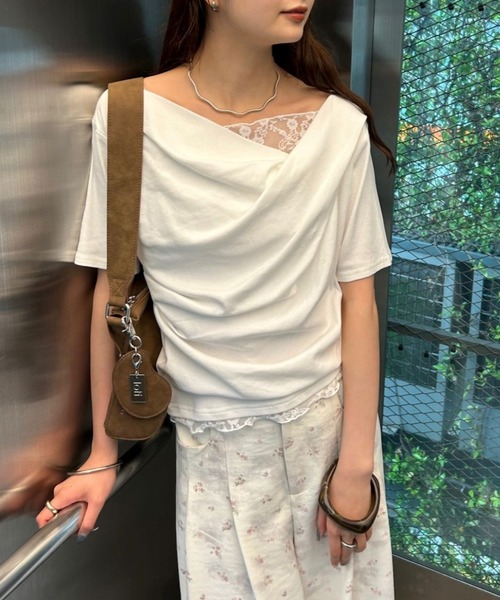 tシャツ 「5色展開」レースドッキングオフショル半袖Tシャツ レディースの画像
