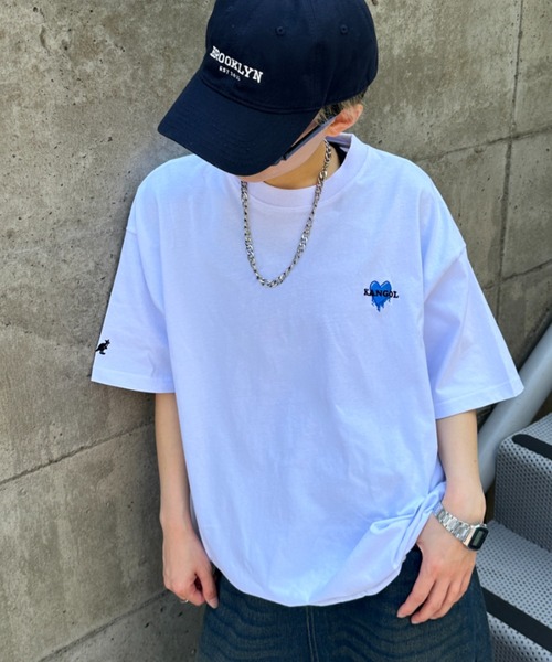 韓国　お土産　ロゴ刺繍 クルーネックTシャツ ホワイト link lot tシャツ 「KANGOL」ドローコード付き 胸ロゴハート刺繍 ワン