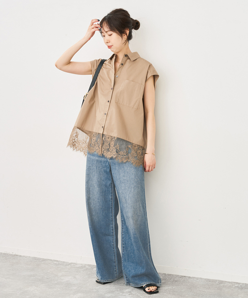 ブラウス シャツ レースタイプライターフレンチシャツ レディースの画像