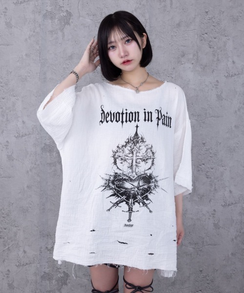 Amilige（アミリージュ） tシャツ 半袖 ハートクロスプリントダメージ
