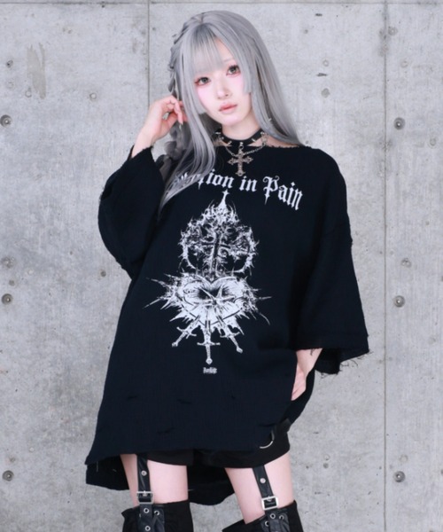 Amilige（アミリージュ） tシャツ 半袖 ハートクロスプリントダメージ