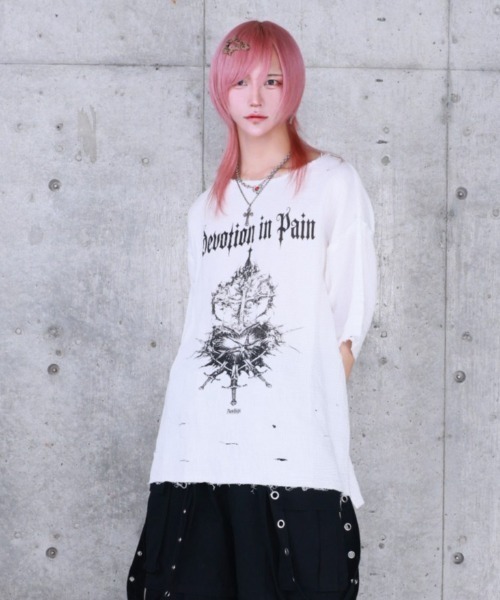 Amilige（アミリージュ） tシャツ 半袖 ハートクロスプリントダメージ
