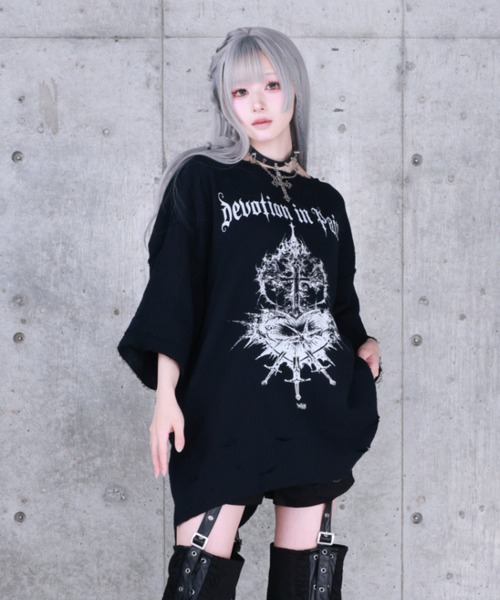 Amilige（アミリージュ） tシャツ 半袖 ハートクロスプリントダメージ