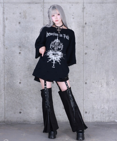 Amilige（アミリージュ） tシャツ 半袖 ハートクロスプリントダメージ