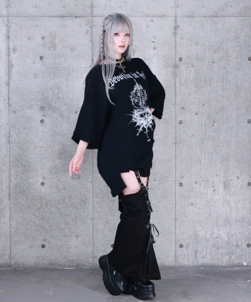 Amilige（アミリージュ） tシャツ 半袖 ハートクロスプリントダメージ