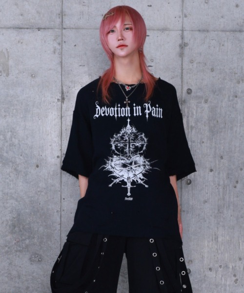 Amilige（アミリージュ） tシャツ 半袖 ハートクロスプリントダメージ