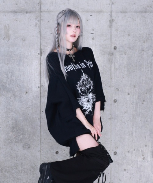 Amilige（アミリージュ） tシャツ 半袖 ハートクロスプリントダメージ