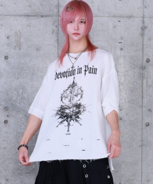 Amilige（アミリージュ） tシャツ 半袖 ハートクロスプリントダメージ