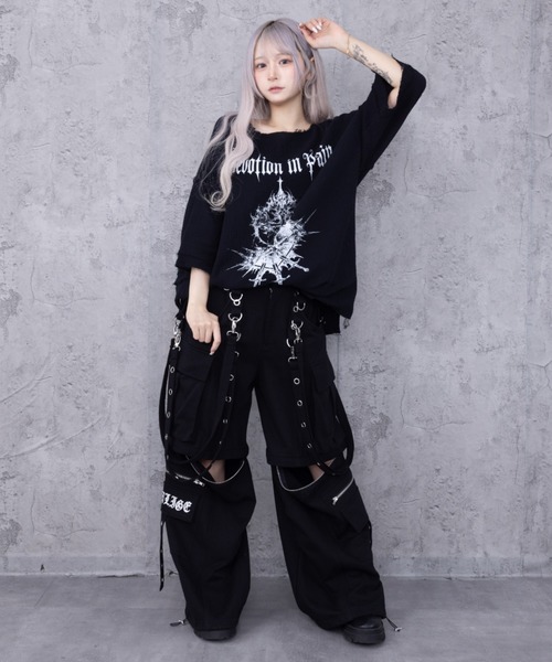 Amilige（アミリージュ） tシャツ 半袖 ハートクロスプリントダメージ