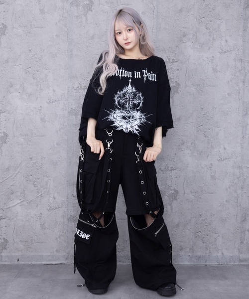 Amilige（アミリージュ） tシャツ 半袖 ハートクロスプリントダメージ