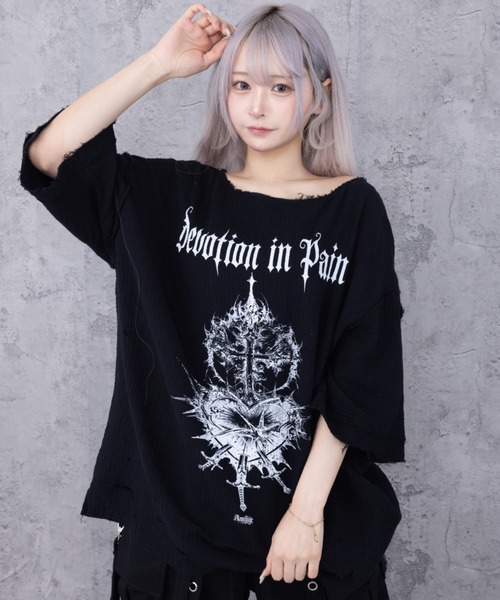 Amilige（アミリージュ） tシャツ 半袖 ハートクロスプリントダメージ