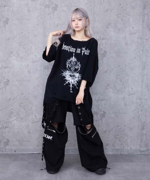 Amilige（アミリージュ） tシャツ 半袖 ハートクロスプリントダメージ