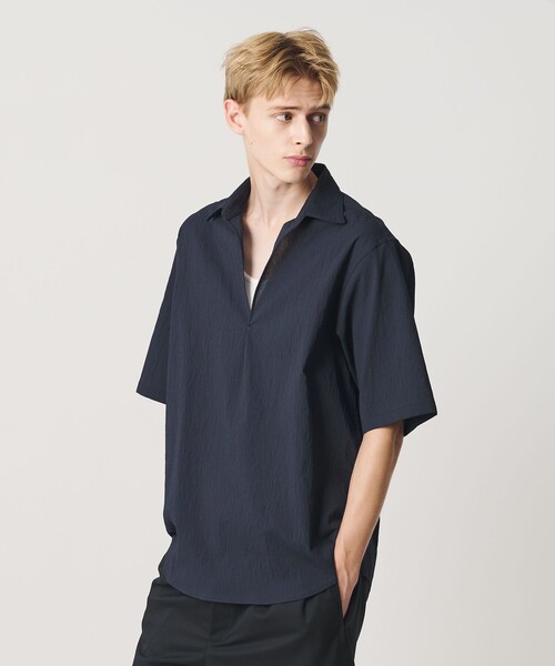 UNITED ARROWS 半袖 プリーツシャツ ネイビー 36 BEAUTY＆YOUTH UNITED ARROWS シャツ 半袖 ヨウリュウ スキッパー