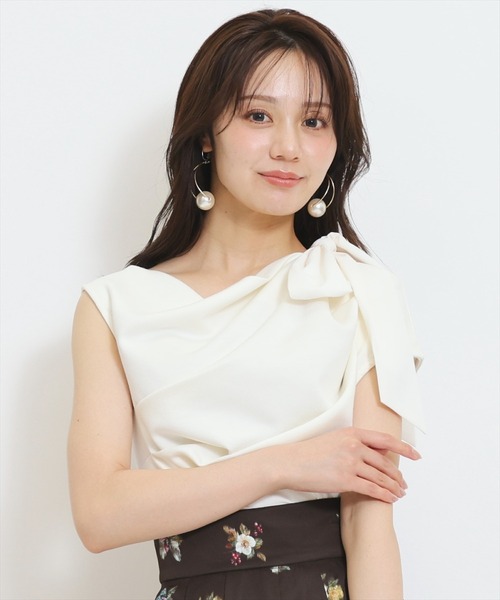 tシャツ リボンショルダードレープカットトップス レディース