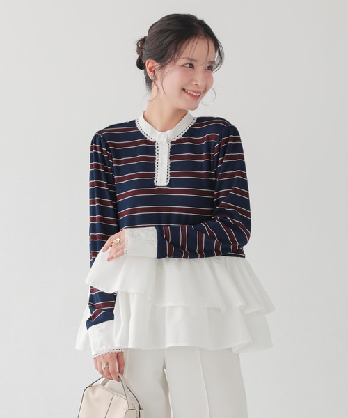 Fit more（フィットモア） ボーダーレースカフスフリルトップス