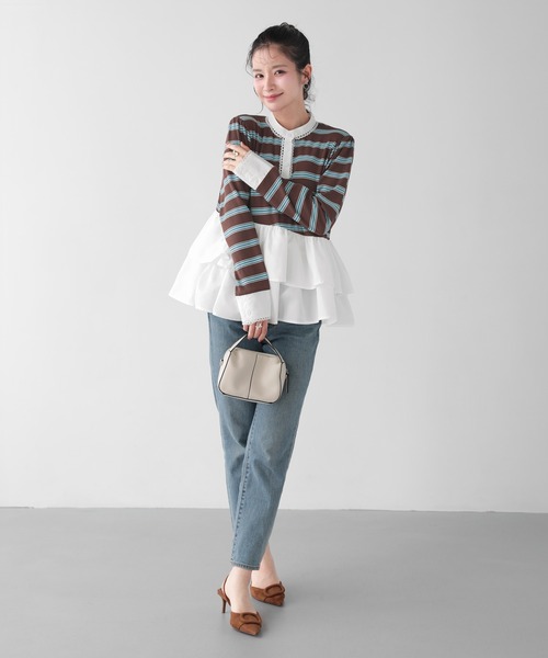 Fit more（フィットモア） ボーダーレースカフスフリルトップス