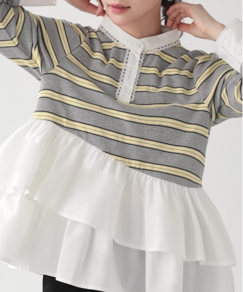 Fit more（フィットモア） ボーダーレースカフスフリルトップス