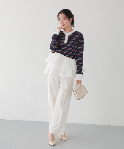 Fit more（フィットモア） ボーダーレースカフスフリルトップス
