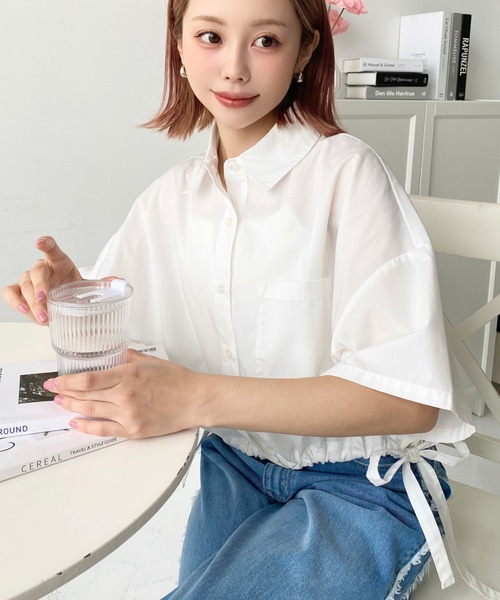 moment+ ブラウス シャツ TCブロード無地＆マルチストライプすそ