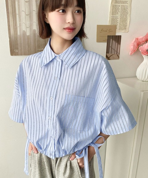 moment+ ブラウス シャツ TCブロード無地＆マルチストライプすそ