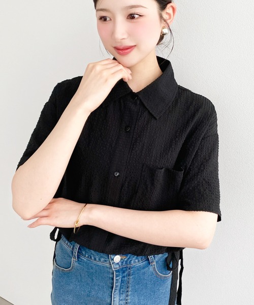 シャツ/ブラウス(長袖/七分) Rito 2way cotton short shirt 2WAYフロントタック七分袖ブラウス【UVカット・洗濯機OK