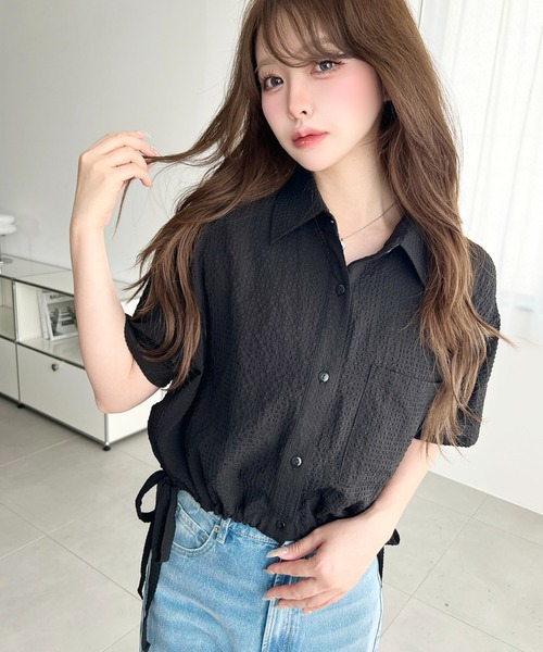 美品＊メフウ シアー ポンポン ドット柄 半袖 シャツ 黒 ゆったり 日本製 moment+ ブラウス シャツ ぽこぽこサッカー裾ドロスト半袖ショート