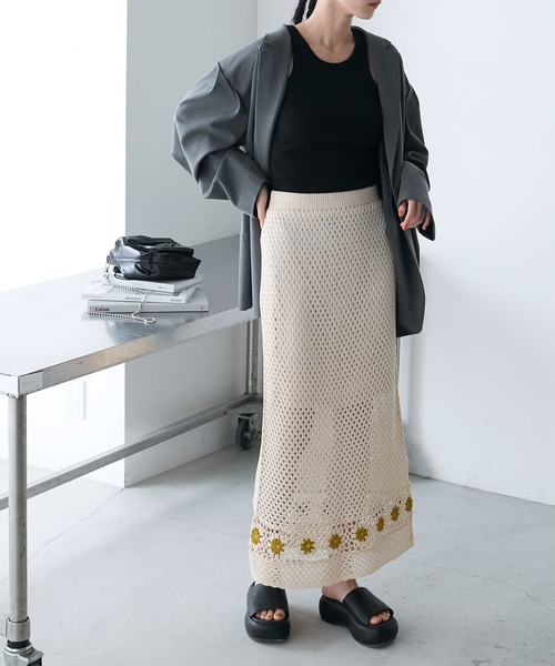 スカート 「forksy.」フラワーモチーフクロシェ編みスカート  