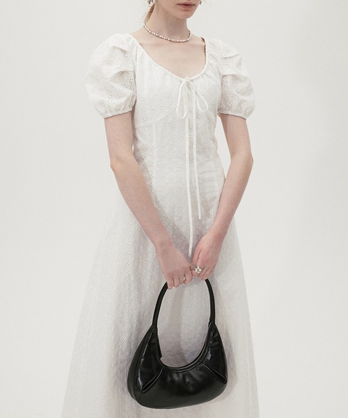 ワンピース Uネック ドローストリング パフスリーブワンピース