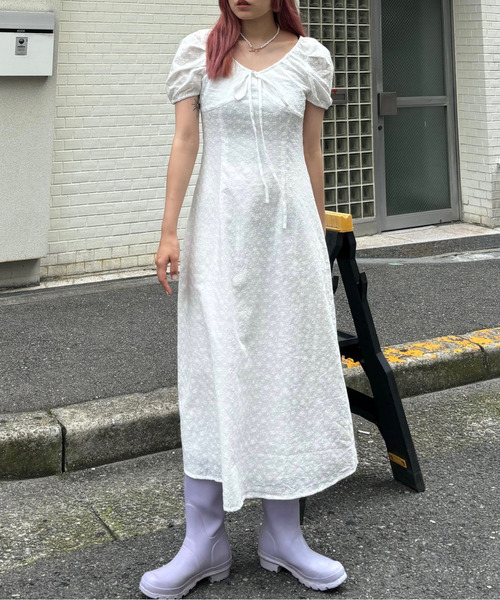 ワンピース Uネック ドローストリング パフスリーブワンピース