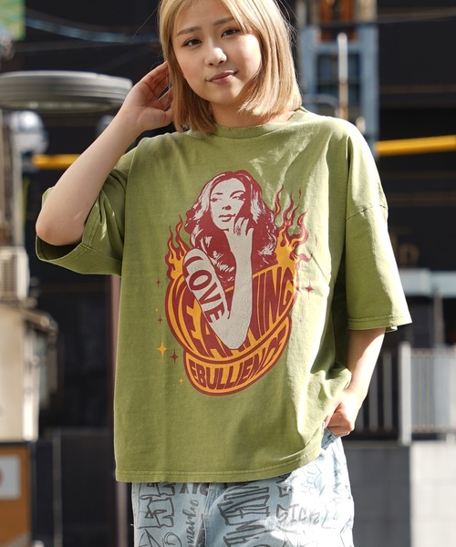 tシャツ 「unisex」ダメージ加工 ガールプリント ピグメントTシャツ