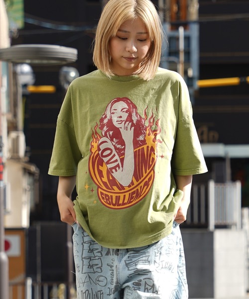 tシャツ 「unisex」ダメージ加工 ガールプリント ピグメントTシャツ