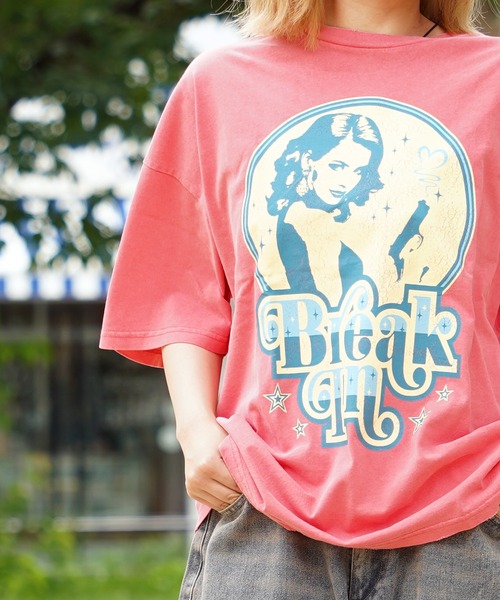 tシャツ 「unisex」ダメージ加工 ガールプリント ピグメントTシャツ