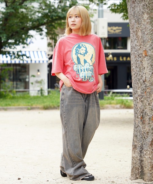 tシャツ 「unisex」ダメージ加工 ガールプリント ピグメントTシャツ