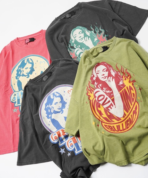 tシャツ 「unisex」ダメージ加工 ガールプリント ピグメントTシャツ