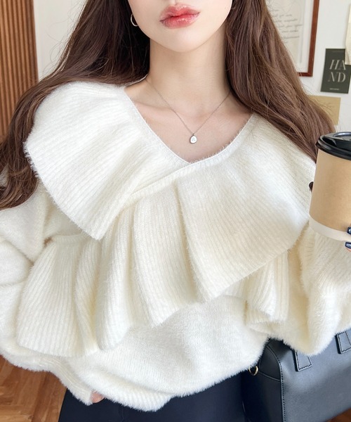 moment+ ニット セーター クロスフリルシャギーニットプルオーバー