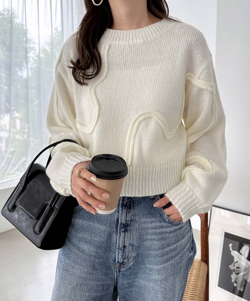 andme（アンドミー） ニット セーター ニュアンスウェーブ柄ショート丈