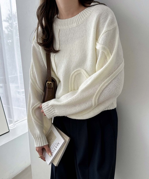 andme（アンドミー） ニット セーター ニュアンスウェーブ柄ショート丈