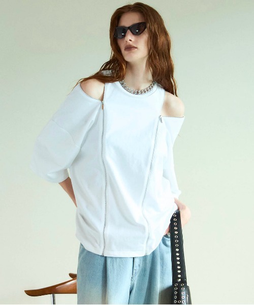 tシャツ Shoulder Zip Design T-shirt/ショルダージップＴシャツ「MAISON SPECIAL/メゾンスペシャル」 レディー
