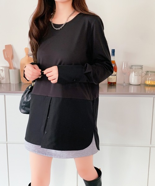 tシャツ ラウンドヘムシャツレイヤード裏起毛インナー レディース