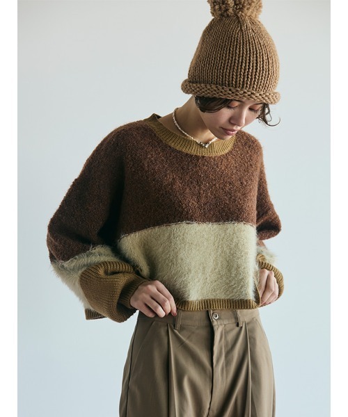 ニット セーター Color scheme cropped knit pullover レディース