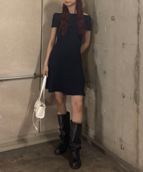 SLY リブニットワンピース 半袖 ネイビー SLY ワンピース OFF SHOULDER RIB KNIT S/OP オフショルダー