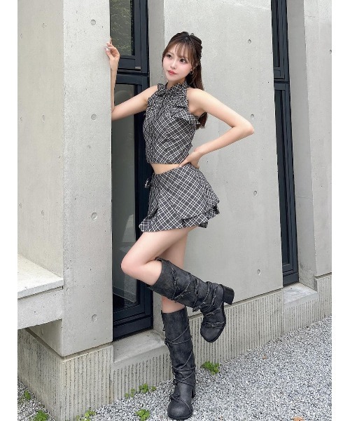 darich ダーリッチ GRY リボンチェックノースリブラウス リボン 