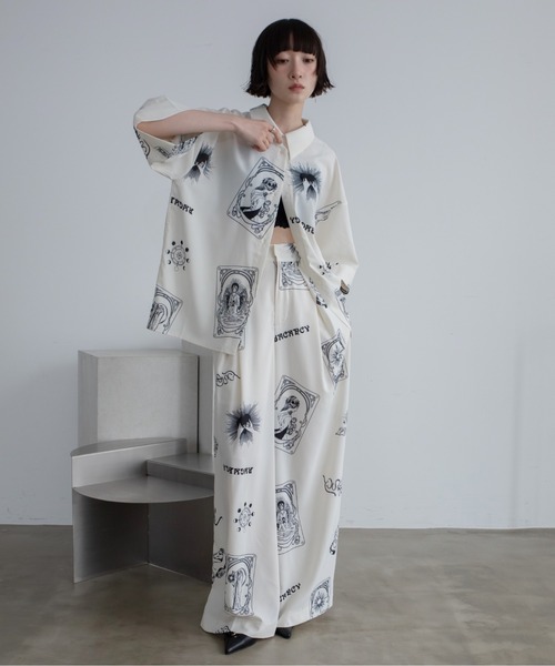 スラックス パンツ オリジナルタロット風アート柄タックイージーワイド