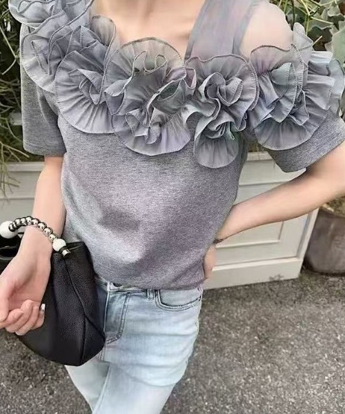 tシャツ 花モチーフアシメデザインT レディース