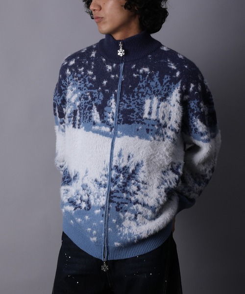 カーディガン HOOK -original- 雪柄ダブルジップハイネック