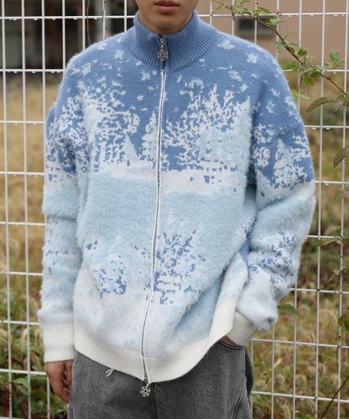 カーディガン HOOK -original- 雪柄ダブルジップハイネック