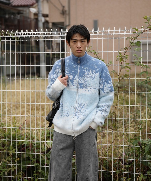 カーディガン HOOK -original- 雪柄ダブルジップハイネック